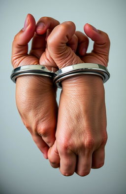 Two human hands tightly clasped together, both wearing shiny silver handcuffs that lock them together