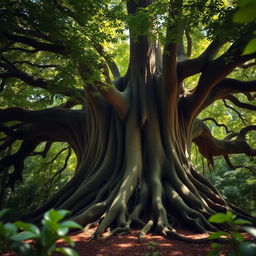 A majestic large tree with an expansive canopy and thick, lush green leaves