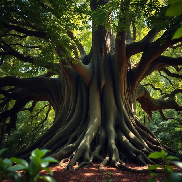 A majestic large tree with an expansive canopy and thick, lush green leaves