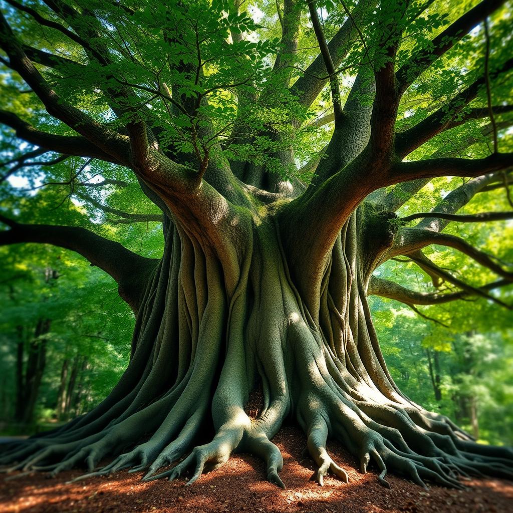 A majestic large tree with an expansive canopy and thick, lush green leaves