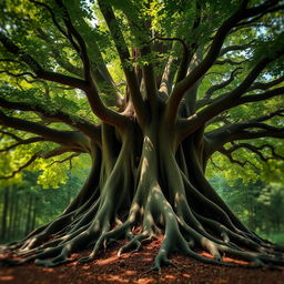 A majestic large tree with an expansive canopy and thick, lush green leaves
