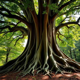 A majestic large tree with an expansive canopy and thick, lush green leaves