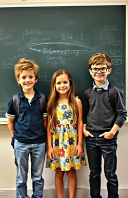 A school scene featuring two boys standing on either side of a girl in front of a blackboard
