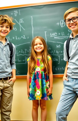 A school scene featuring two boys standing on either side of a girl in front of a blackboard