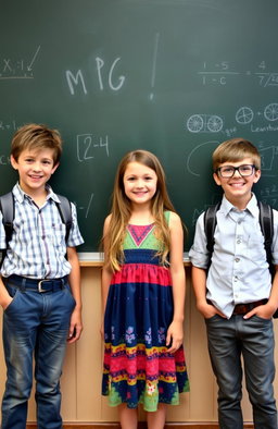 A school scene featuring two boys standing on either side of a girl in front of a blackboard