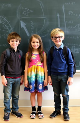 A school scene featuring two boys standing on either side of a girl in front of a blackboard