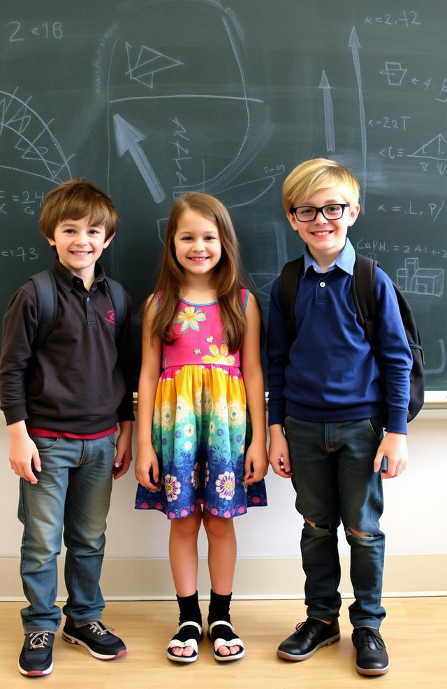 A school scene featuring two boys standing on either side of a girl in front of a blackboard