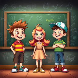 An animated scene depicting two boys standing on either side of a girl in front of a blackboard