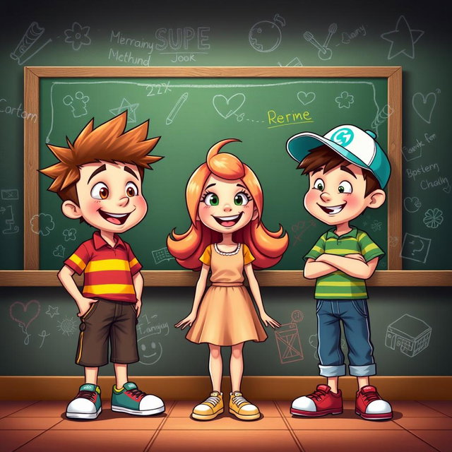 An animated scene depicting two boys standing on either side of a girl in front of a blackboard
