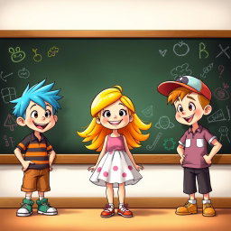An animated scene depicting two boys standing on either side of a girl in front of a blackboard