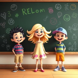 An animated scene depicting two boys standing on either side of a girl in front of a blackboard