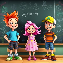 An animated scene depicting two boys standing on either side of a girl in front of a blackboard