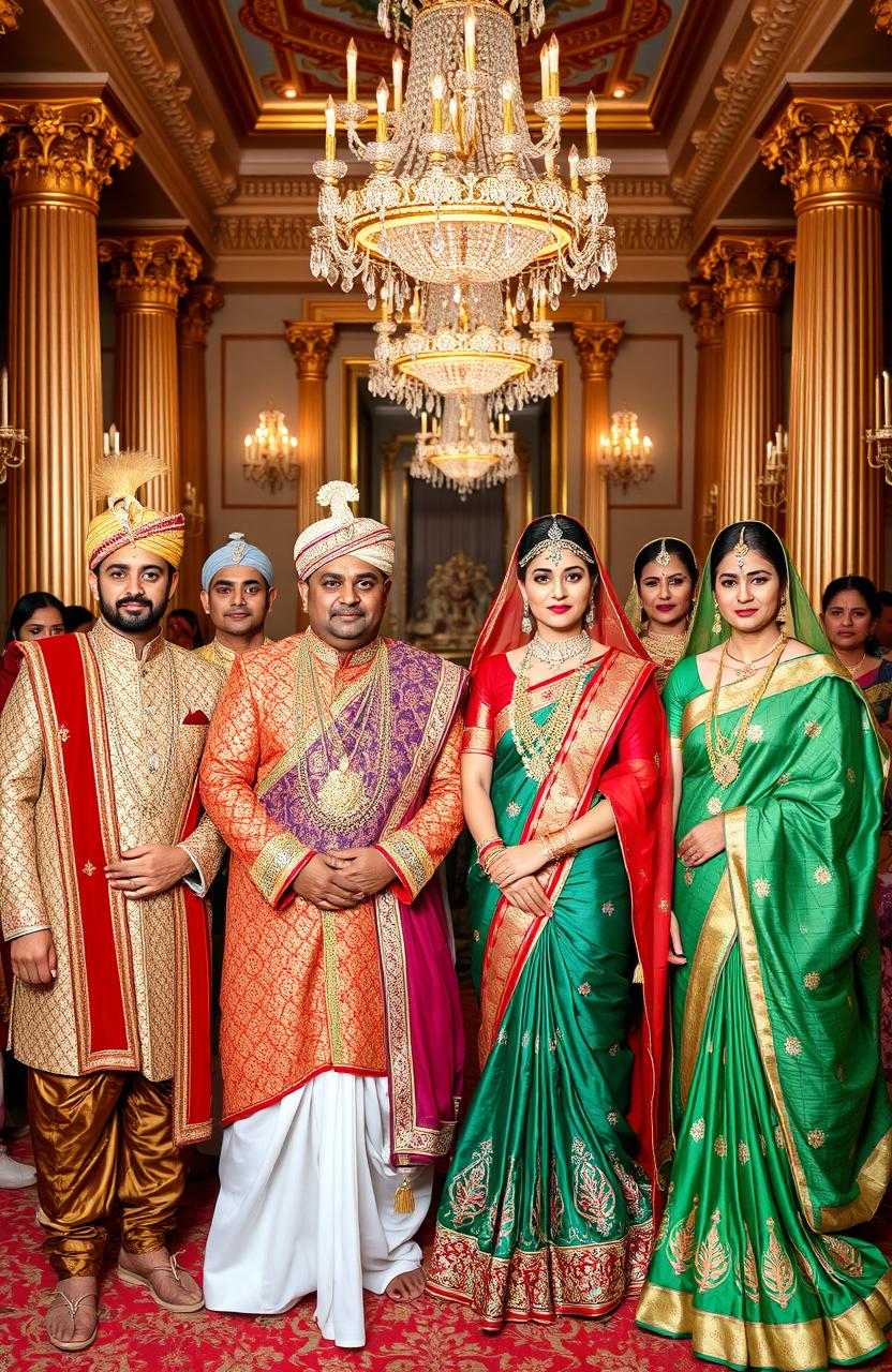 A majestic gathering of Indian royalty, featuring four distinguished Indian royal men dressed in traditional regal attire such as ornate sherwanis and dhotis with intricate patterns, and four elegant royal women adorned in stunning sarees with rich fabrics and exquisite embroidery