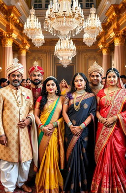 A majestic gathering of Indian royalty, featuring four distinguished Indian royal men dressed in traditional regal attire such as ornate sherwanis and dhotis with intricate patterns, and four elegant royal women adorned in stunning sarees with rich fabrics and exquisite embroidery