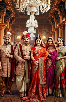 A majestic gathering of Indian royalty, featuring four distinguished Indian royal men dressed in traditional regal attire such as ornate sherwanis and dhotis with intricate patterns, and four elegant royal women adorned in stunning sarees with rich fabrics and exquisite embroidery
