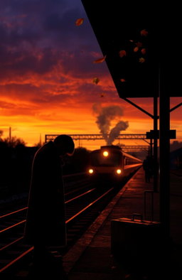 A poignant scene depicting a lonely farewell at sunset, with a silhouette of a person standing by a train station platform