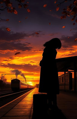 A poignant scene depicting a lonely farewell at sunset, with a silhouette of a person standing by a train station platform