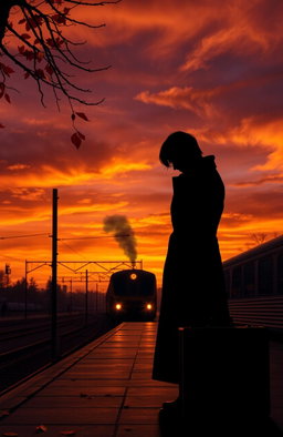 A poignant scene depicting a lonely farewell at sunset, with a silhouette of a person standing by a train station platform