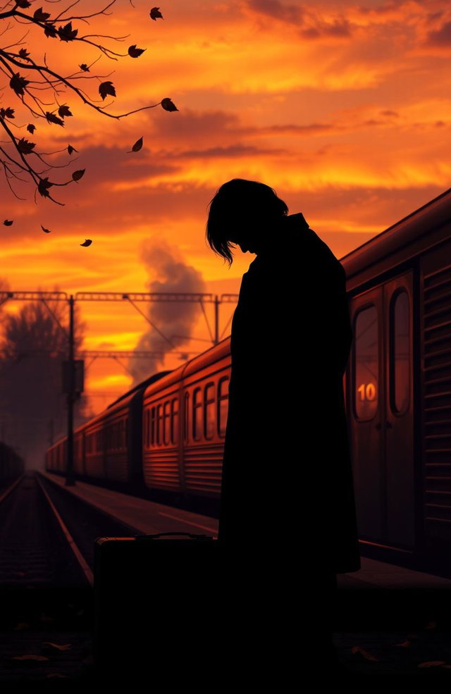 A poignant scene depicting a lonely farewell at sunset, with a silhouette of a person standing by a train station platform