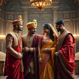 A captivating scene depicting four Indian royal men in traditional attire surrounded by their elegant wives, each exhibiting a sense of longing and affection