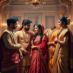 A captivating scene depicting four Indian royal men in traditional attire surrounded by their elegant wives, each exhibiting a sense of longing and affection
