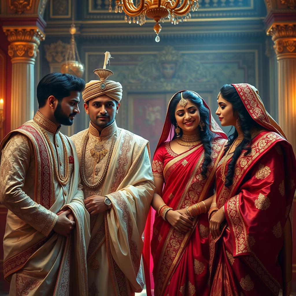 A captivating scene depicting four Indian royal men in traditional attire surrounded by their elegant wives, each exhibiting a sense of longing and affection