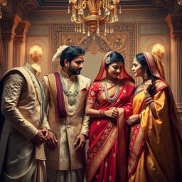 A captivating scene depicting four Indian royal men in traditional attire surrounded by their elegant wives, each exhibiting a sense of longing and affection