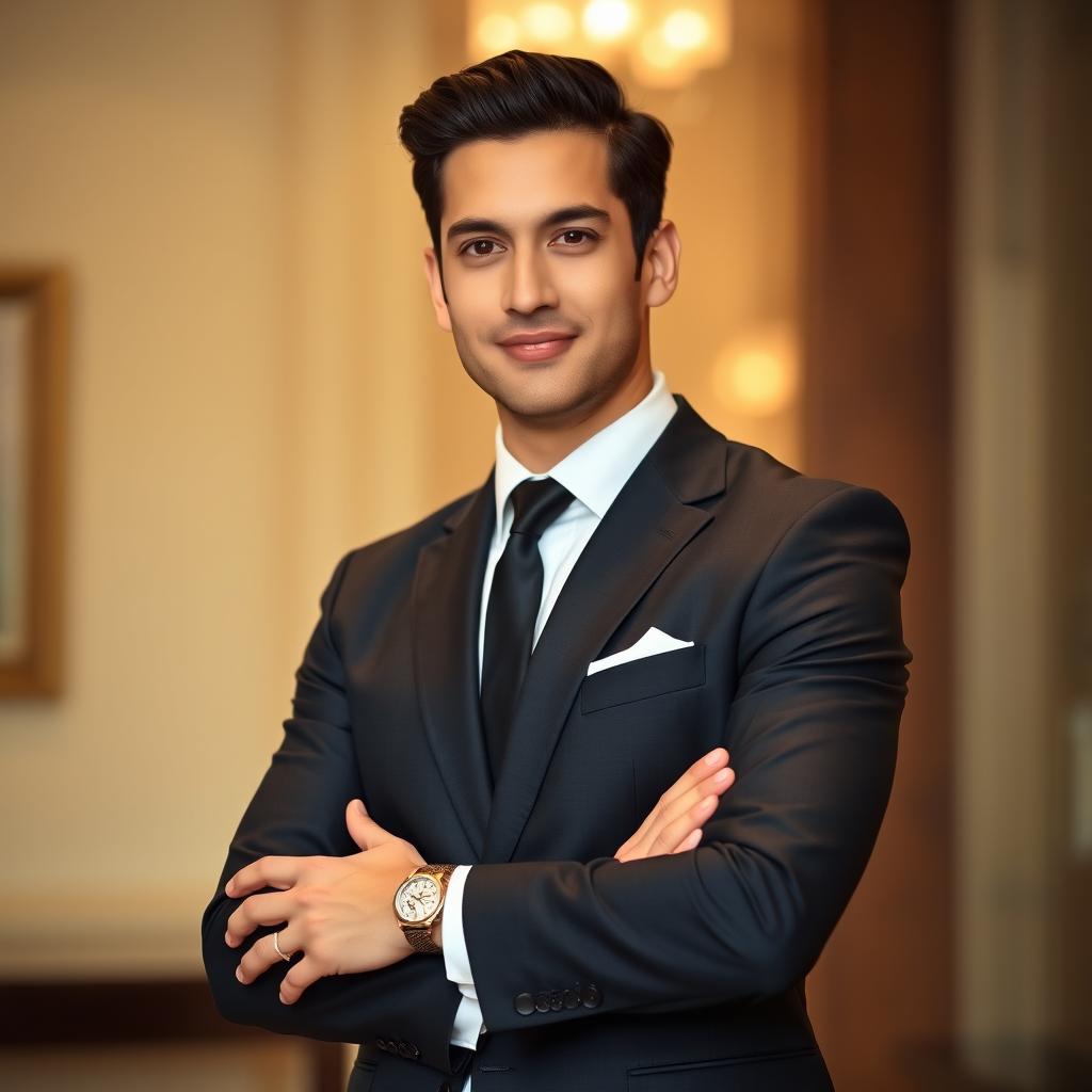 A stylish individual dressed in formal attire, wearing a tailored black suit with a white dress shirt and a sleek black tie