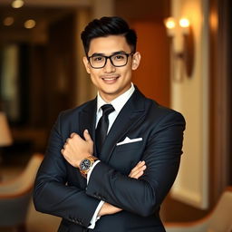 A stylish individual dressed in formal attire, wearing a tailored black suit with a white dress shirt and a sleek black tie