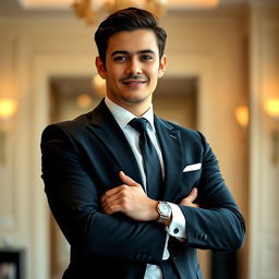 A stylish individual dressed in formal attire, wearing a tailored black suit with a white dress shirt and a sleek black tie
