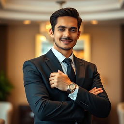 A stylish individual dressed in formal attire, wearing a tailored black suit with a white dress shirt and a sleek black tie