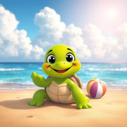 A cheerful cartoon turtle with bright green skin and big, expressive eyes, smiling playfully
