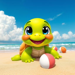 A cheerful cartoon turtle with bright green skin and big, expressive eyes, smiling playfully
