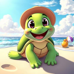 A cheerful cartoon turtle with bright green skin and big, expressive eyes, smiling playfully