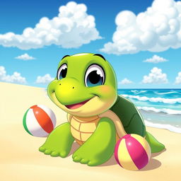 A cheerful cartoon turtle with bright green skin and big, expressive eyes, smiling playfully