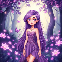 A vibrant illustration of a girl with long flowing purple hair, wearing a stylish purple dress adorned with shimmering sequins