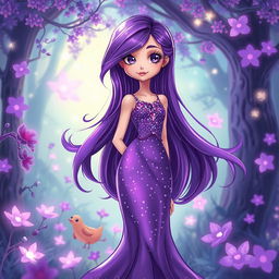 A vibrant illustration of a girl with long flowing purple hair, wearing a stylish purple dress adorned with shimmering sequins