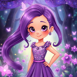 A vibrant illustration of a girl with long flowing purple hair, wearing a stylish purple dress adorned with shimmering sequins