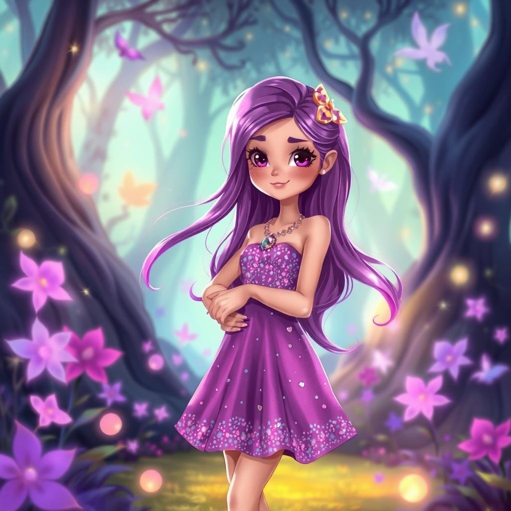 A vibrant illustration of a girl with long flowing purple hair, wearing a stylish purple dress adorned with shimmering sequins