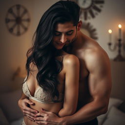 A sensual and intimate photograph of a couple embracing, with soft lighting creating a warm atmosphere