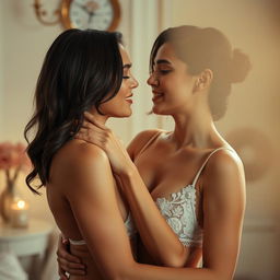 A sensual and intimate photograph of a couple embracing, with soft lighting creating a warm atmosphere