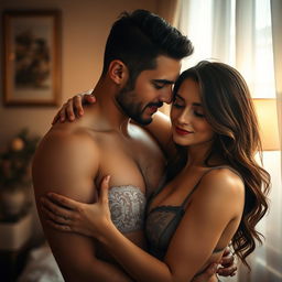 A sensual and intimate photograph of a couple embracing, with soft lighting creating a warm atmosphere