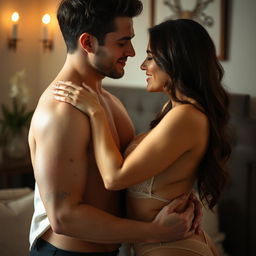 A sensual and intimate photograph of a couple embracing, with soft lighting creating a warm atmosphere