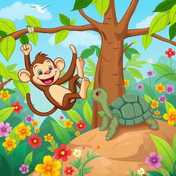 A whimsical cartoon scene featuring a cheerful monkey and a friendly tortoise, both engaged in a lighthearted activity