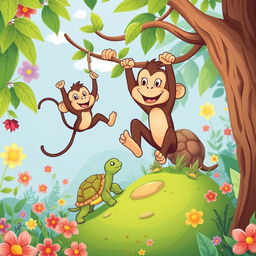 A whimsical cartoon scene featuring a cheerful monkey and a friendly tortoise, both engaged in a lighthearted activity