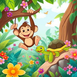 A whimsical cartoon scene featuring a cheerful monkey and a friendly tortoise, both engaged in a lighthearted activity