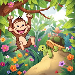 A whimsical cartoon scene featuring a cheerful monkey and a friendly tortoise, both engaged in a lighthearted activity