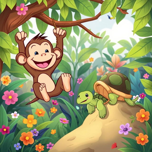A whimsical cartoon scene featuring a cheerful monkey and a friendly tortoise, both engaged in a lighthearted activity