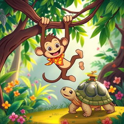 A whimsical cartoon depicting a lively monkey swinging playfully from tree branches alongside a friendly tortoise slowly walking on the ground below