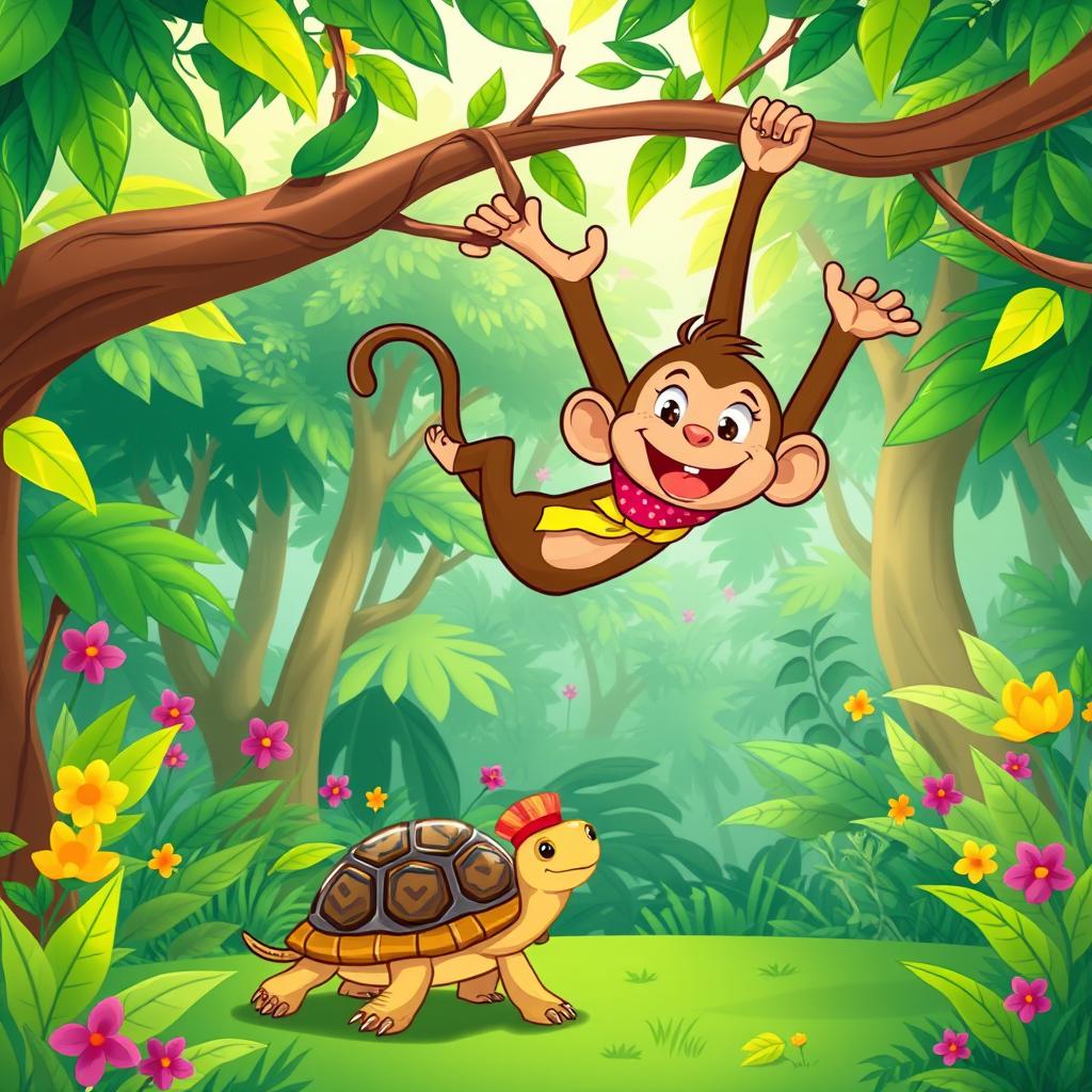 A whimsical cartoon depicting a lively monkey swinging playfully from tree branches alongside a friendly tortoise slowly walking on the ground below